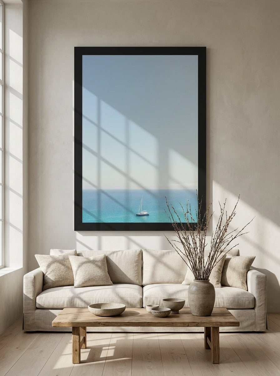 Oversized statement modern wall art print styled on the wall in a warm Japandi living room