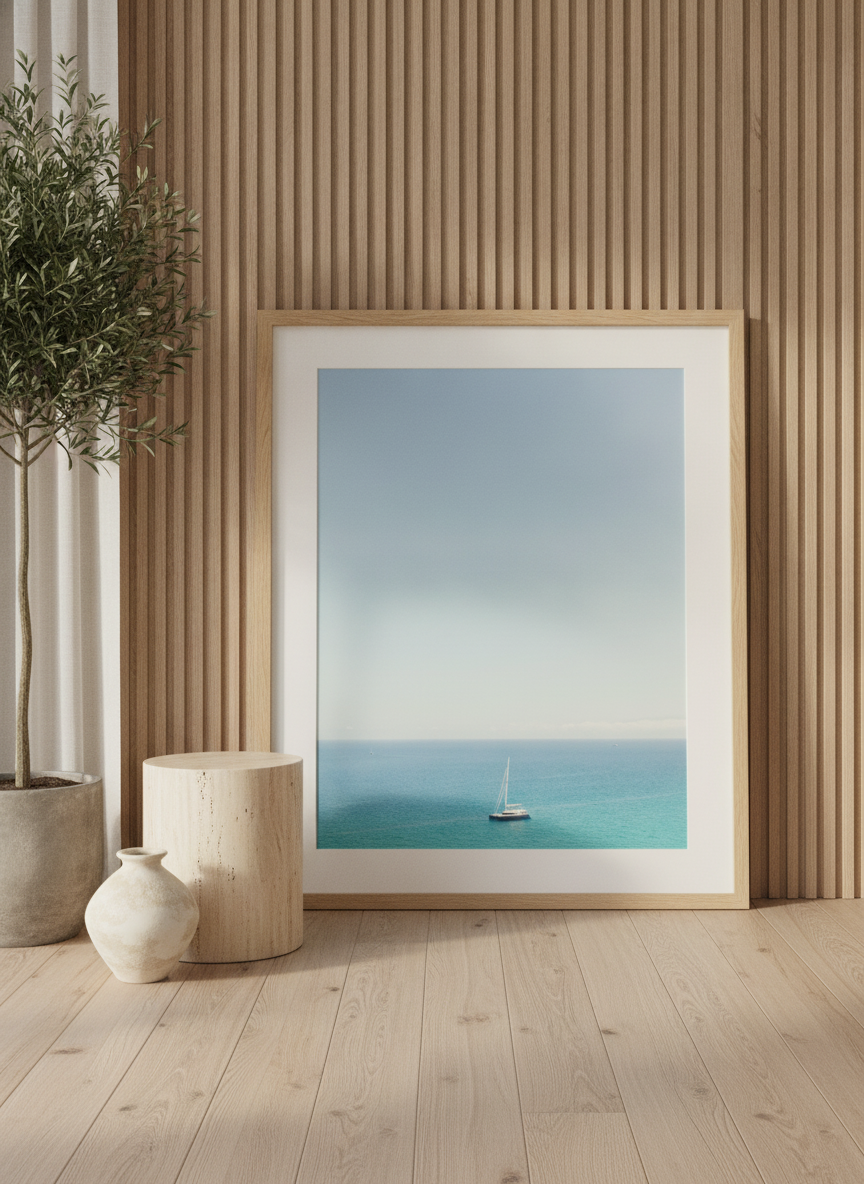 Modern wall art print leaning against the wall in a luxe home office