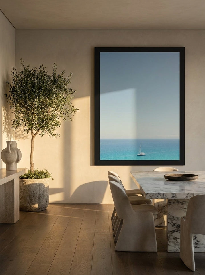 Oversized statement modern wall art print styled on the wall in a luxe dining room