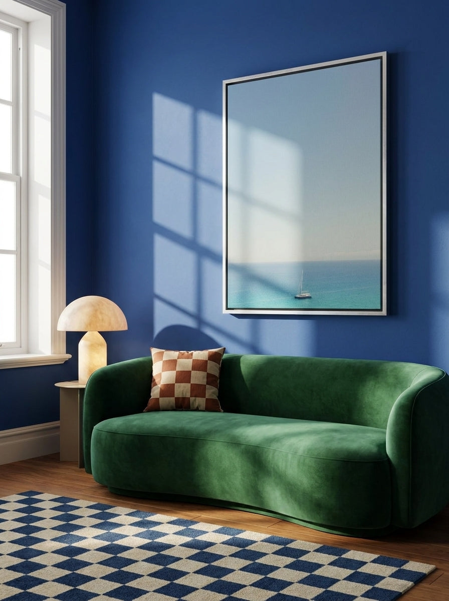 Oversized statement canvas wall art with a silver leaf surround styled on the wall in a colourful eclectic living room