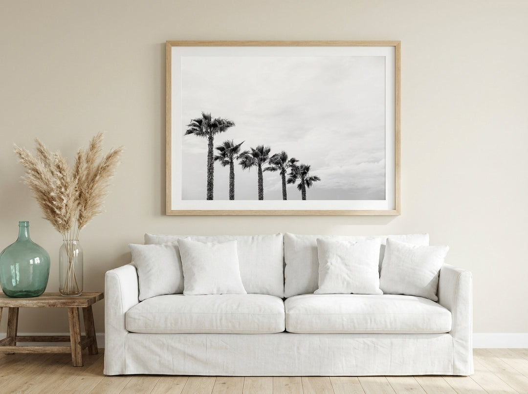 Modern wall art print styled on the wall in a coastal living room