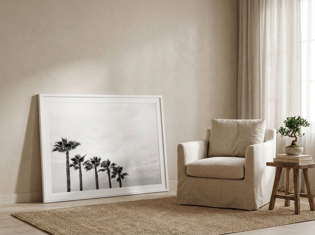 Modern wall art print leaning against the wall in a warm Japandi home office