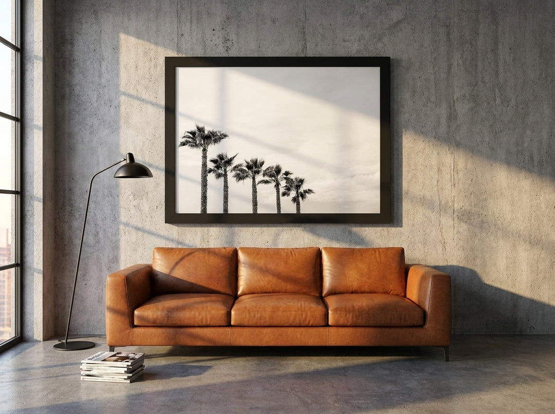 Modern wall art print styled on the wall in an industrial loft living room