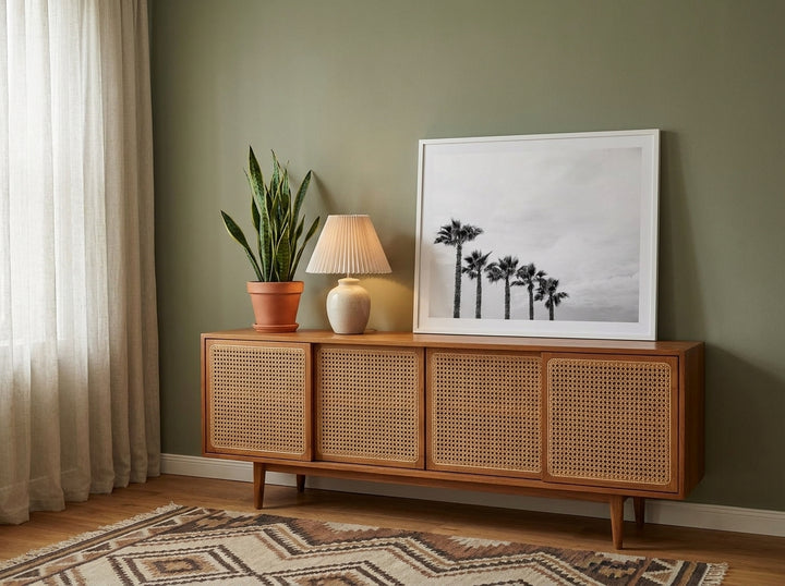 Modern wall art print standing on a sideboard in a mid-century bedroom