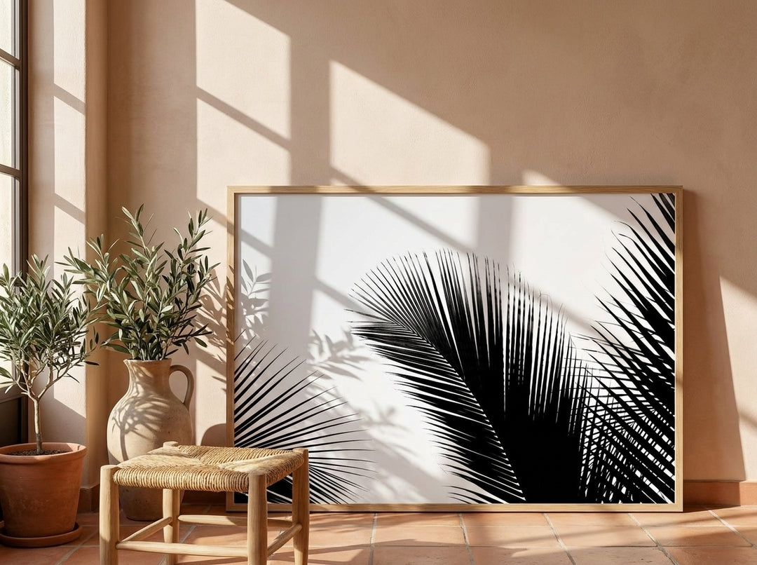 Modern wall art print leaning against the wall in a Mediterranean home office