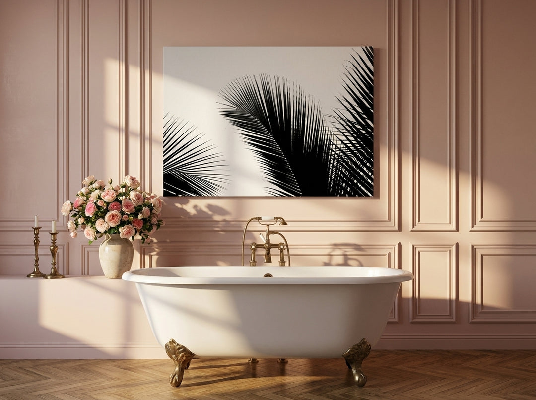 Stretched canvas wall art styled on the wall in a Parisian bathroom