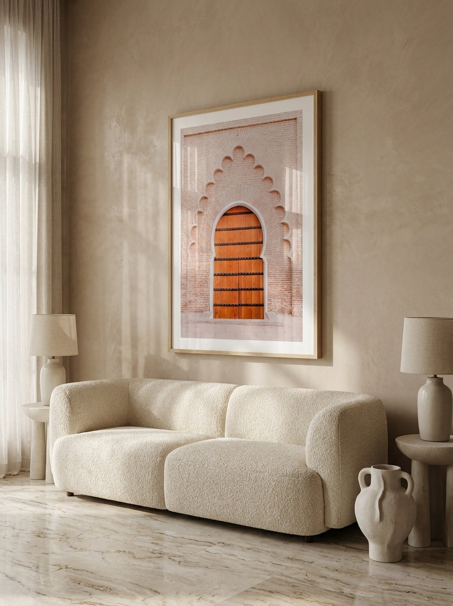 Modern wall art print styled on the wall in a luxe living room