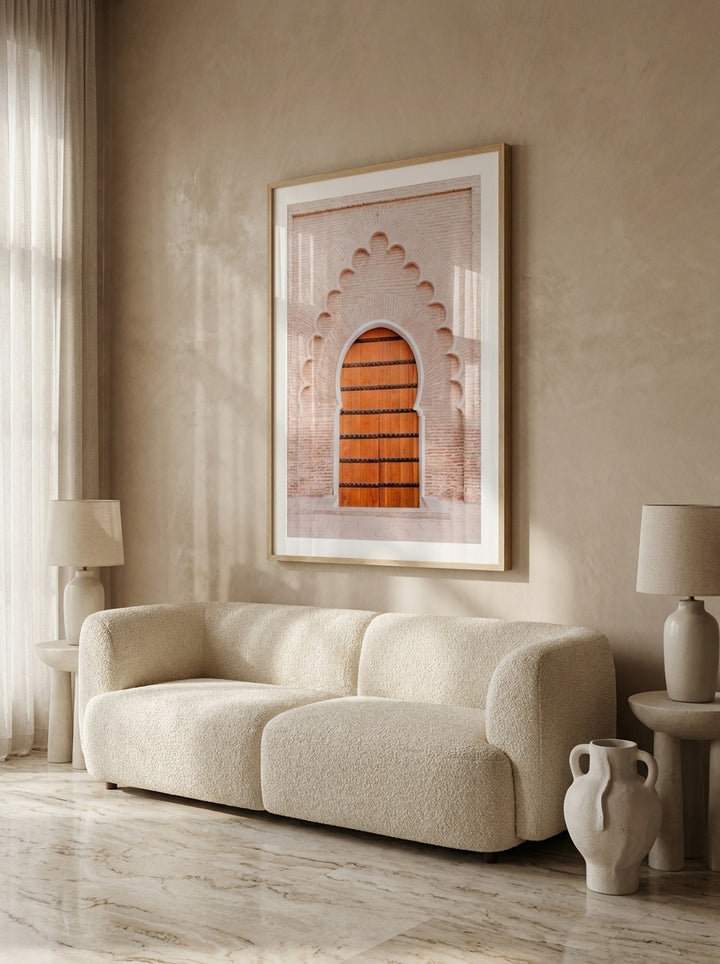 Modern wall art print styled on the wall in a luxe living room