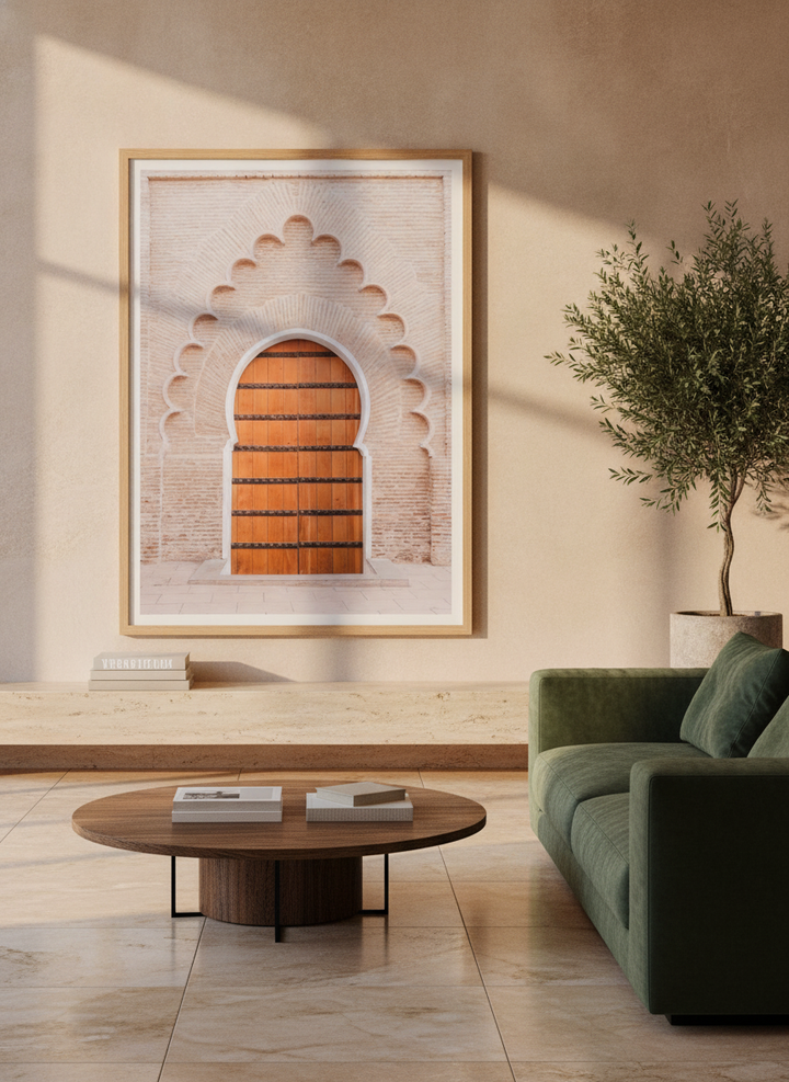 Oversized statement modern wall art print styled on the wall in a luxe living room