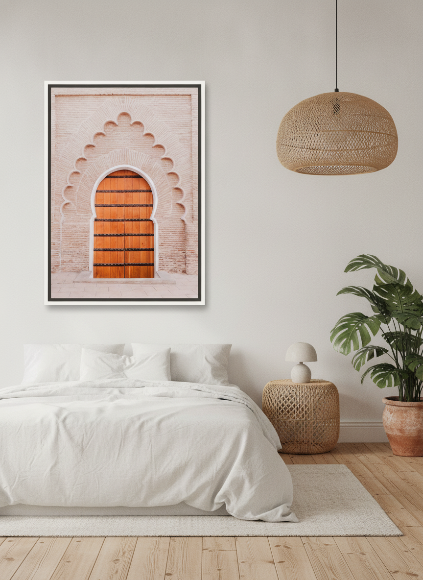 Canvas wall art with a white surround styled on the wall in a bright Scandinavian bedroom