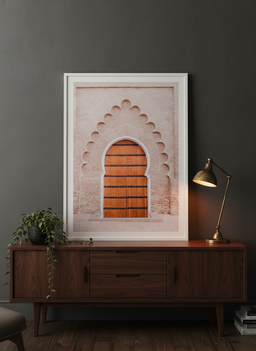 Modern wall art print standing on a sideboard in a moody home office