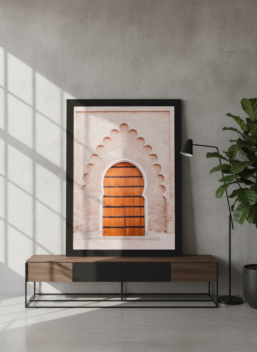 Modern wall art print standing on a console in an industrial loft living room