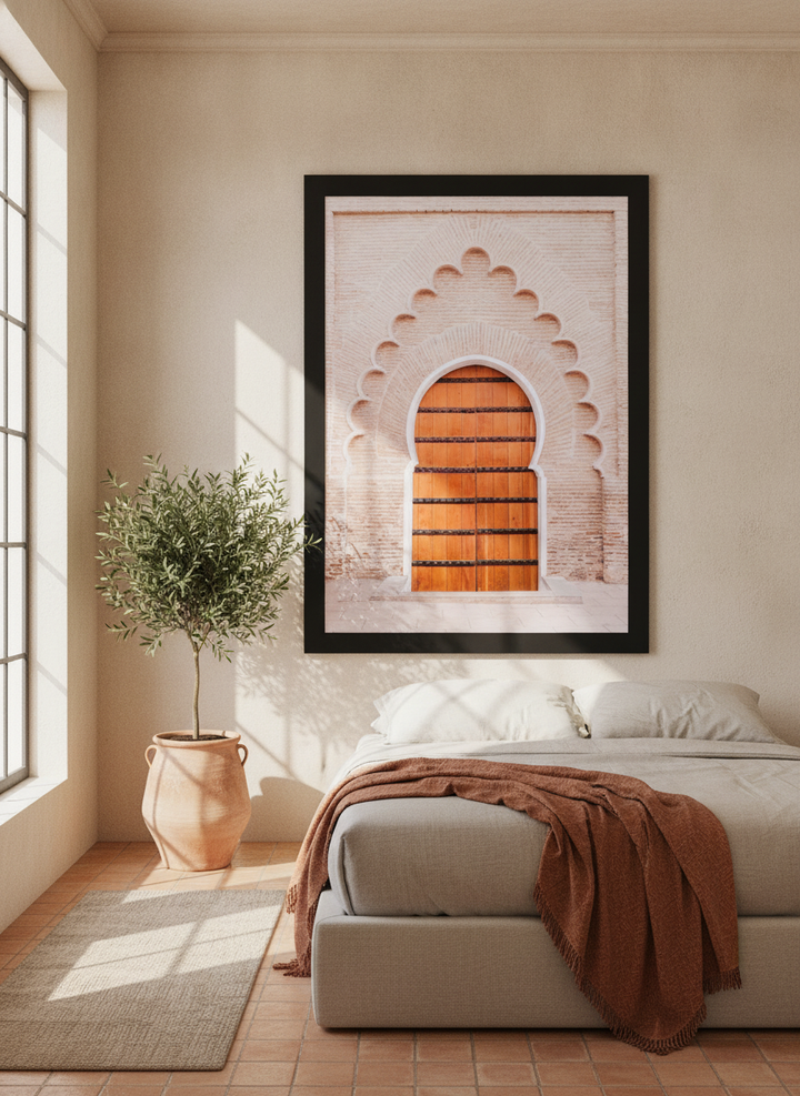 Oversized statement modern wall art print styled on the wall in a Mediterranean bedroom