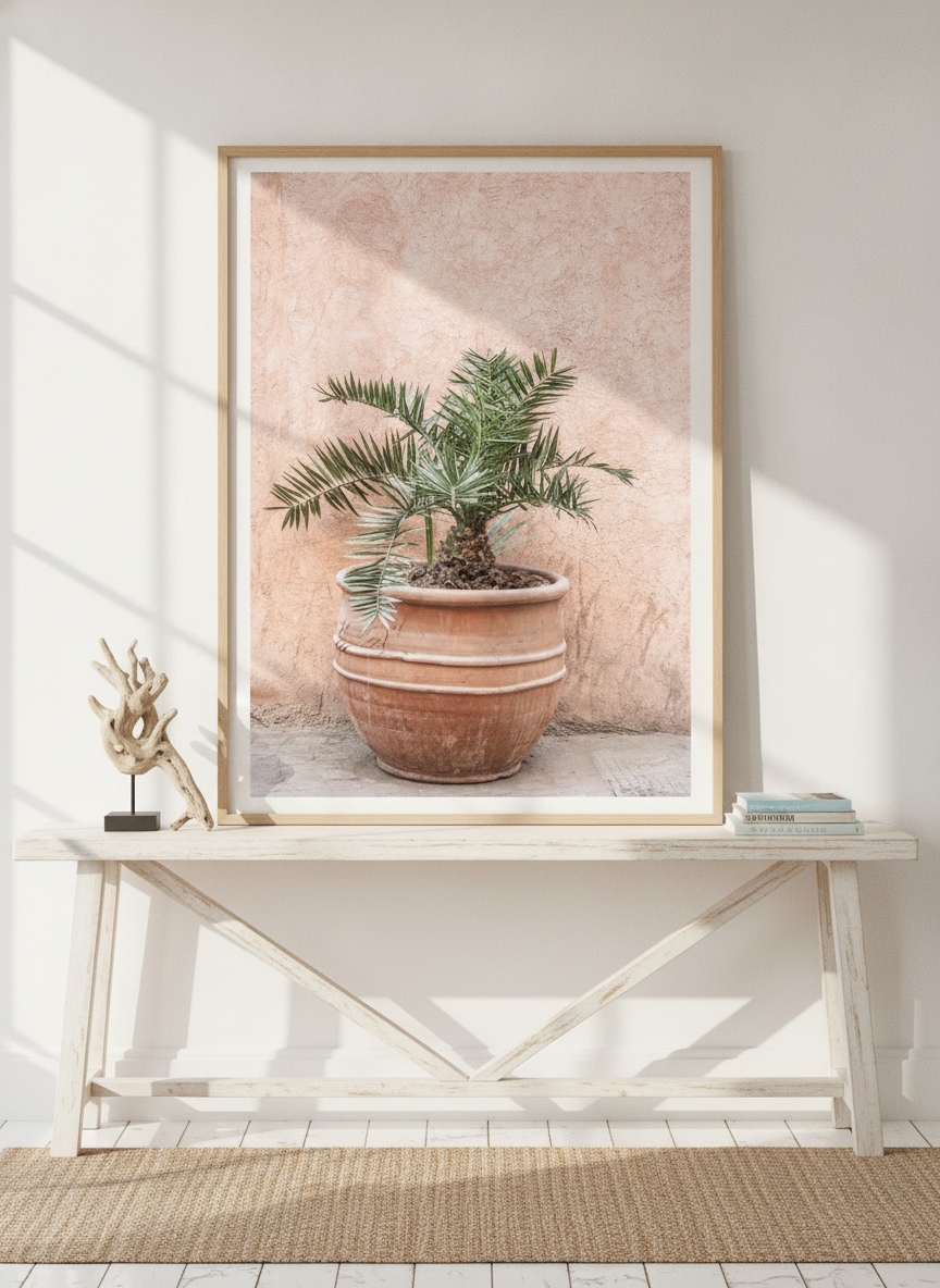 Modern wall art print standing on a console in a coastal dining room