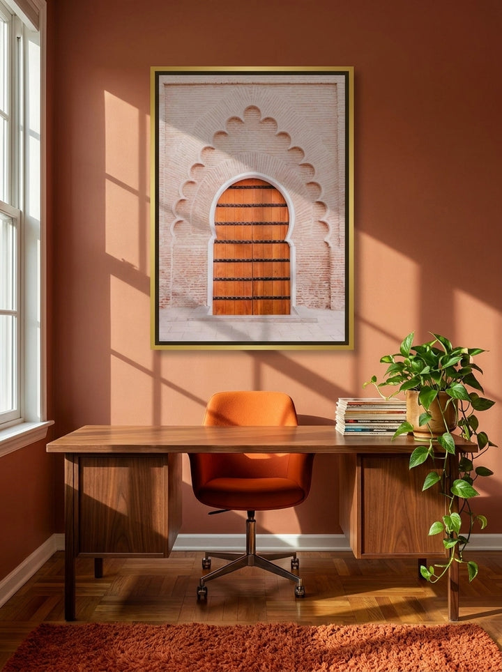 Canvas wall art with a gold leaf surround styled on the wall in a retro 70s home office