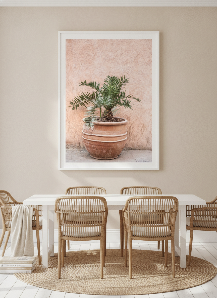 Oversized statement modern wall art print styled on the wall in a coastal dining room