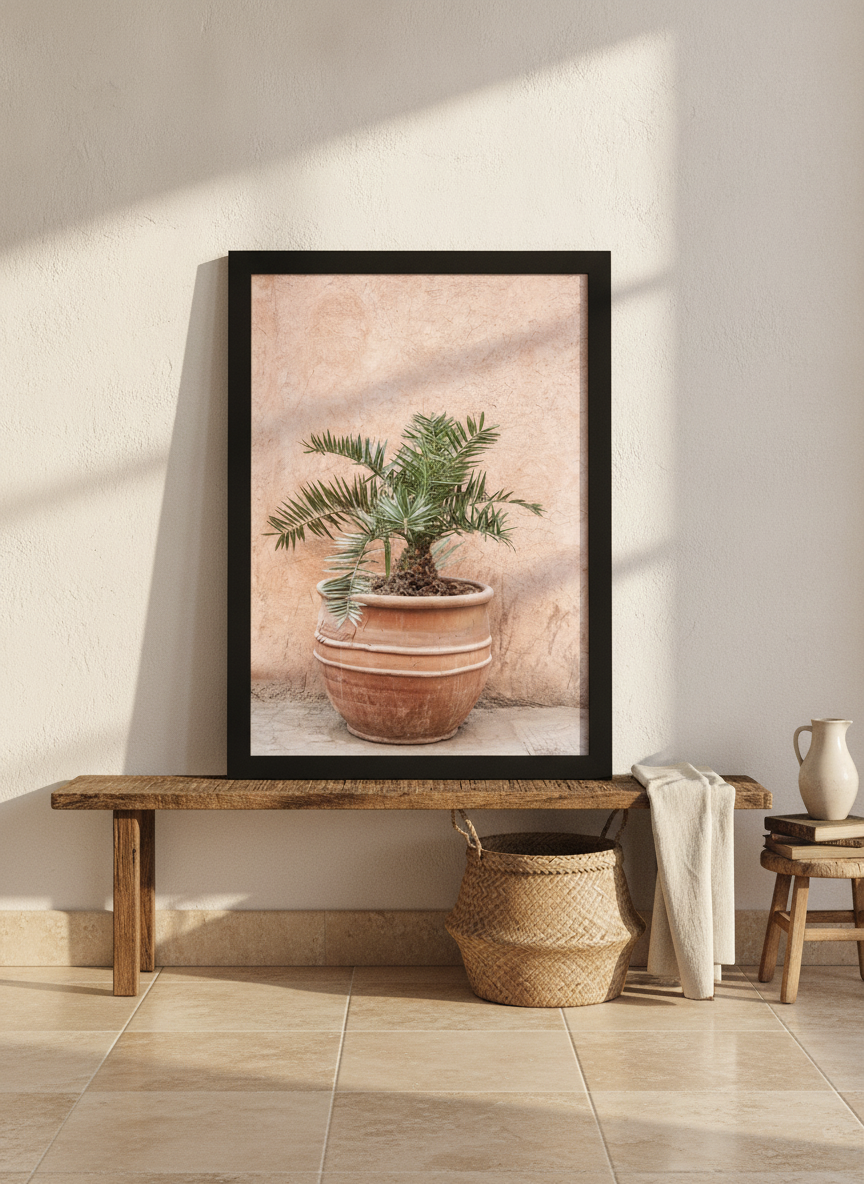 Modern wall art print standing on a bench in a Mediterranean bedroom