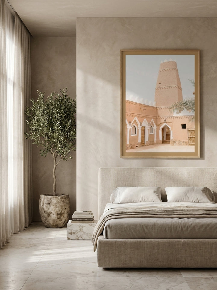 Oversized statement modern wall art print styled on the wall in a luxe bedroom