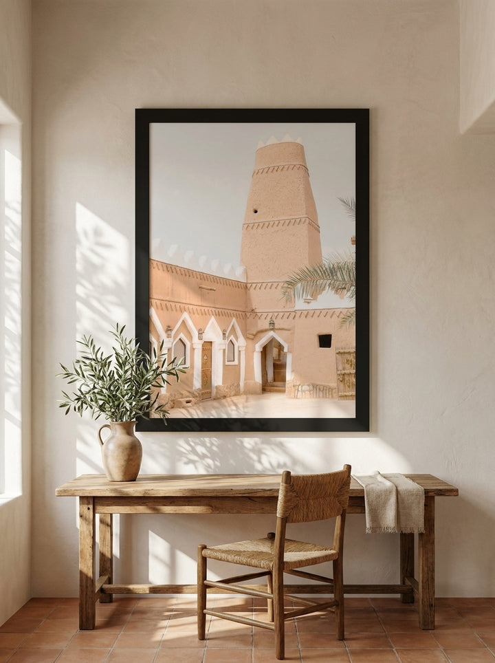 Oversized statement modern wall art print styled on the wall in a Mediterranean home office