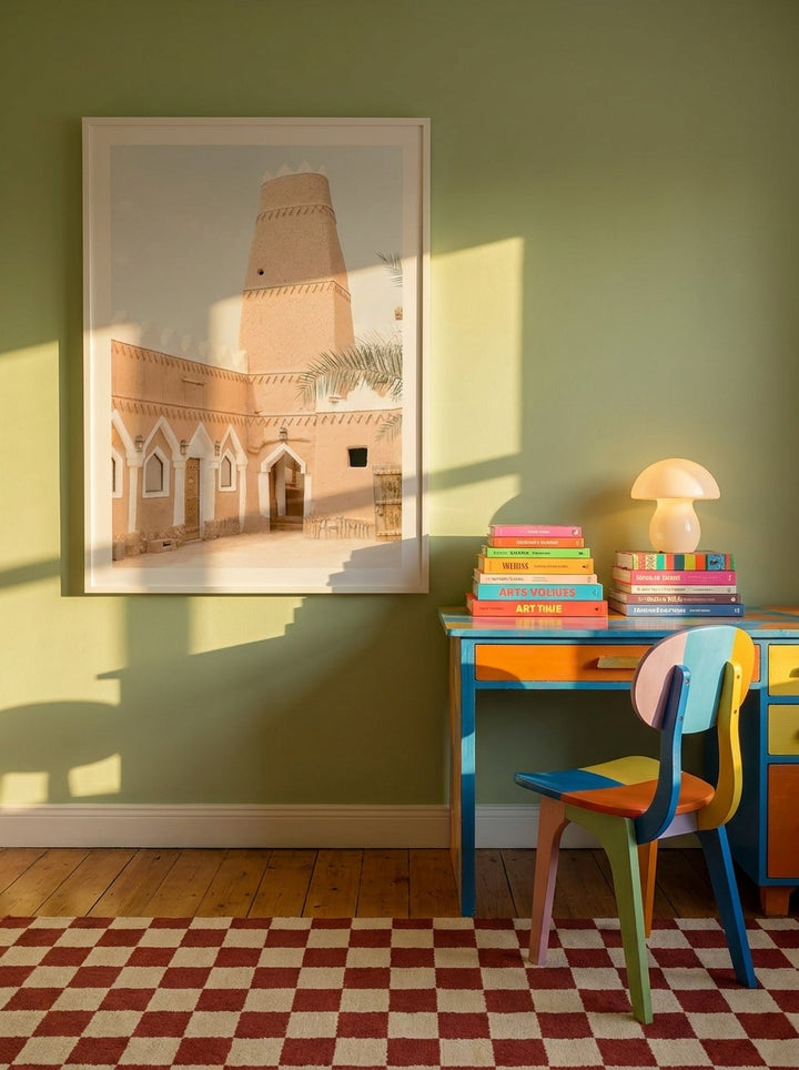 Modern wall art print styled on the wall in a colourful eclectic home office