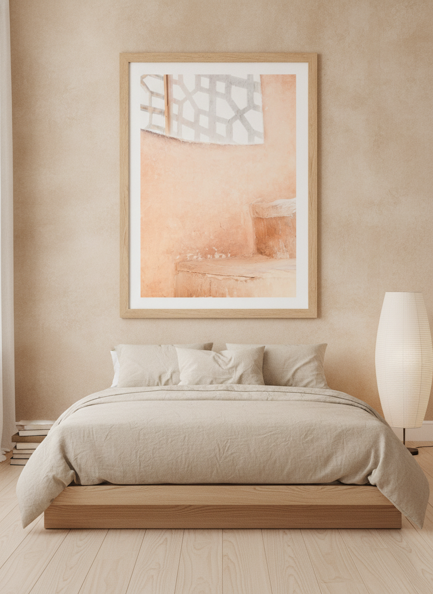 Modern wall art print styled on the wall in a warm Japandi bedroom