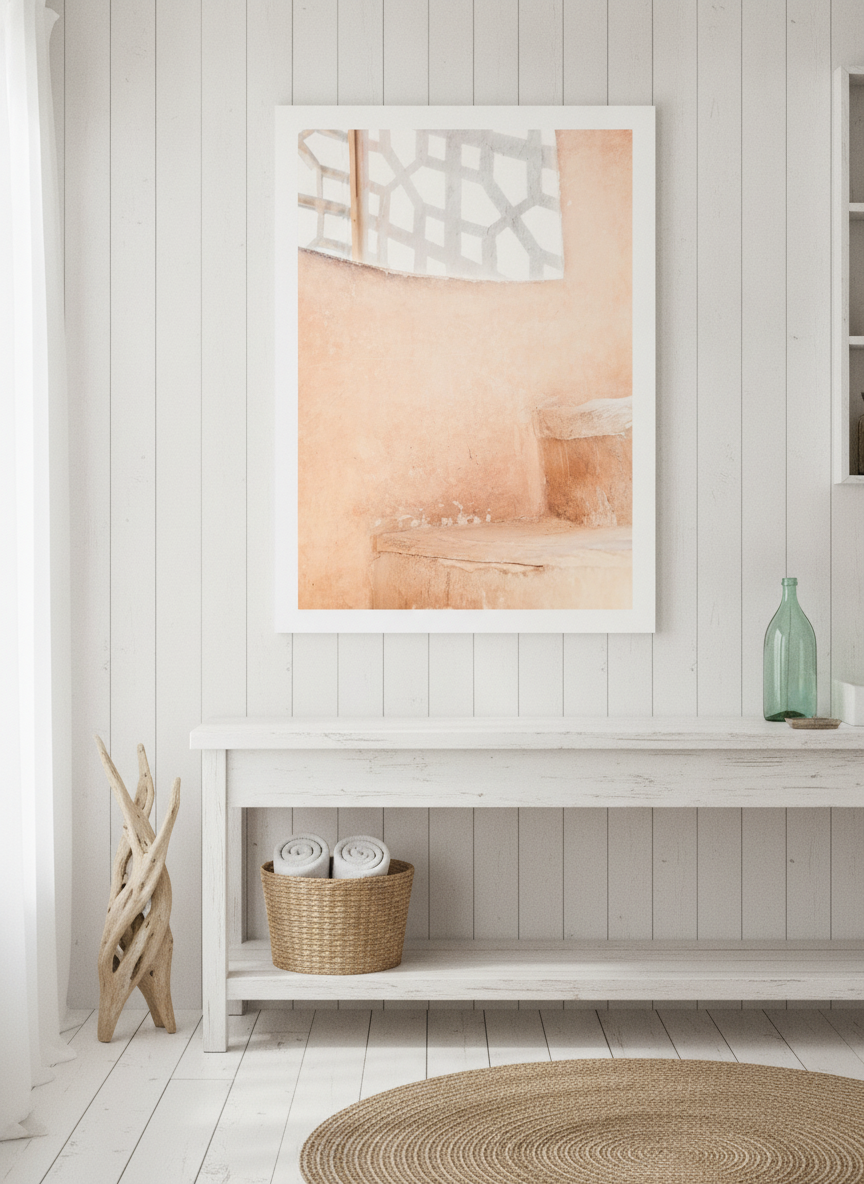 Modern wall art print styled on the wall in a coastal bathroom