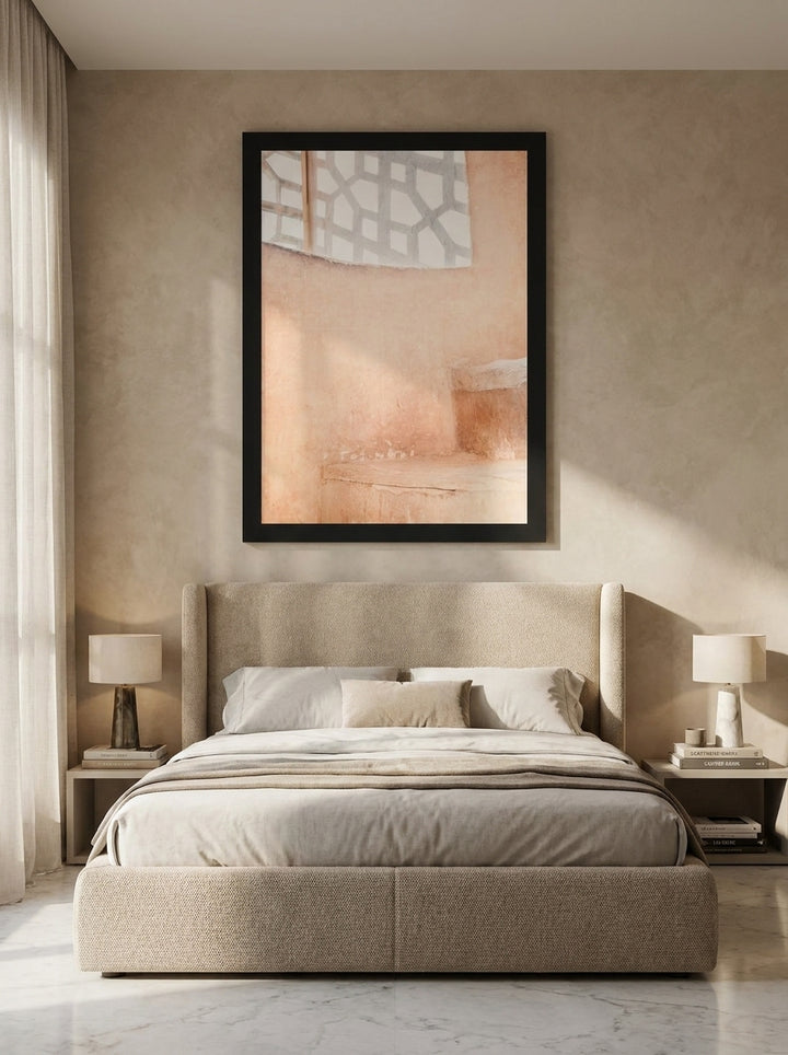 Modern wall art print styled on the wall in a luxe bedroom