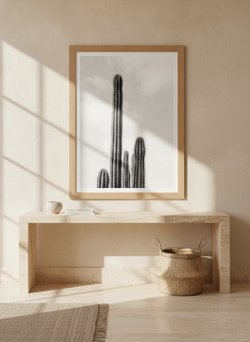 Modern wall art print styled on the wall in a Mediterranean living room