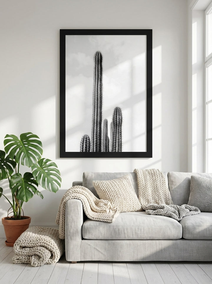 Modern wall art print styled on the wall in a bright Scandinavian living room