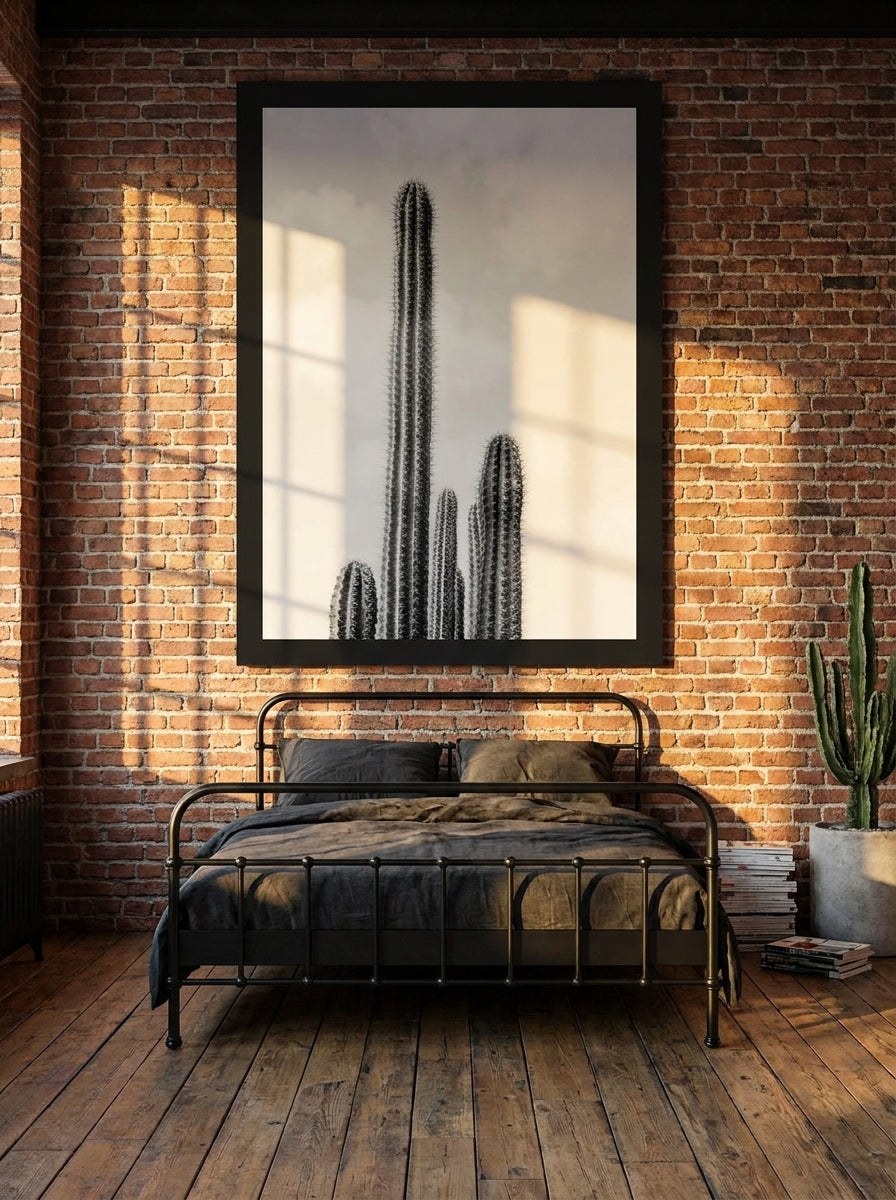 Oversized statement modern wall art print styled on the wall in an industrial loft bedroom