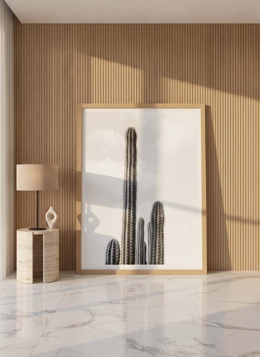 Oversized statement modern wall art print leaning against the wall in a luxe bedroom