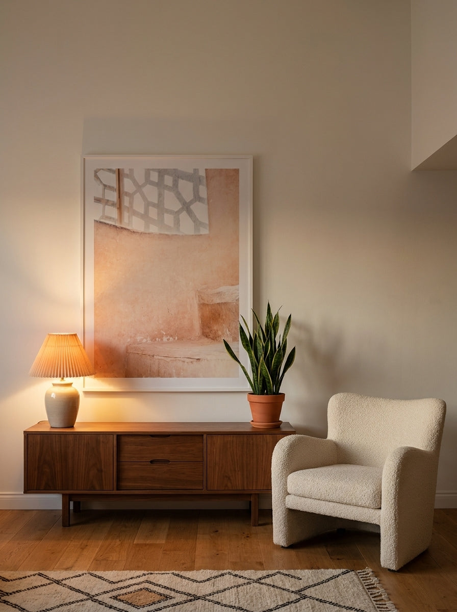Oversized statement modern wall art print styled on the wall in a mid-century living room