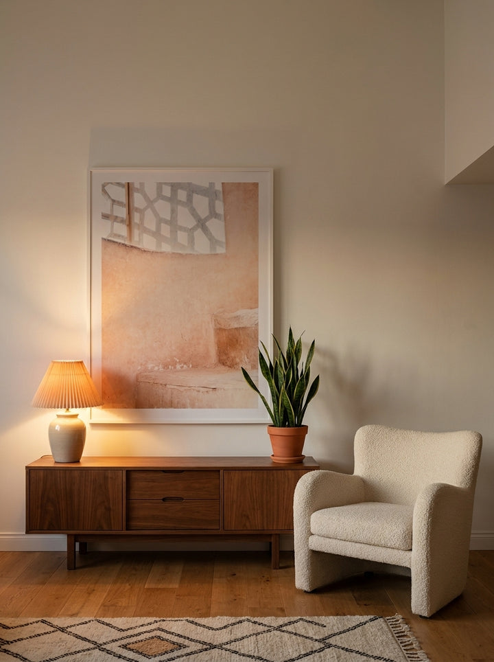 Oversized statement modern wall art print styled on the wall in a mid-century living room