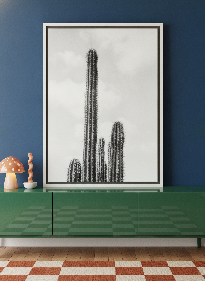 Canvas wall art with a white surround standing on a sideboard in a colourful eclectic bedroom