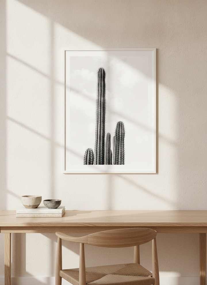 Modern wall art print styled on the wall in a warm Japandi home office