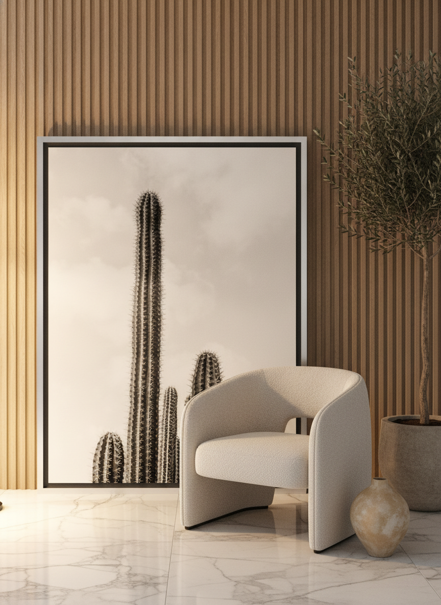 Oversized statement canvas wall art with a silver leaf surround leaning against the wall in a luxe living room