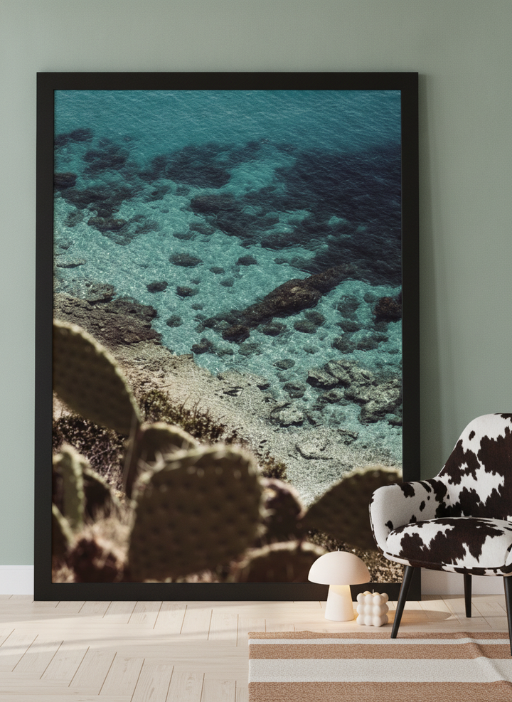 Modern wall art print leaning against the wall in a colourful eclectic home office