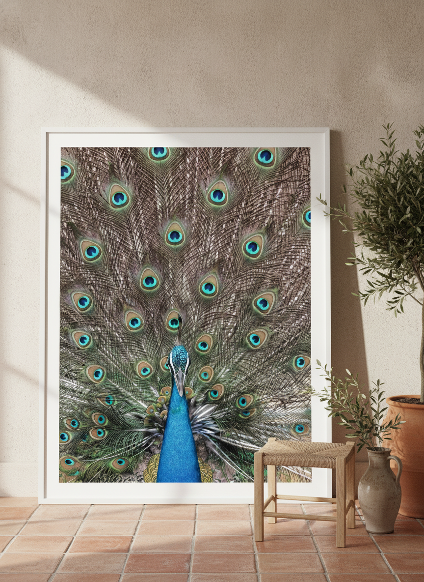 Oversized statement modern wall art print leaning against the wall in a Mediterranean living room