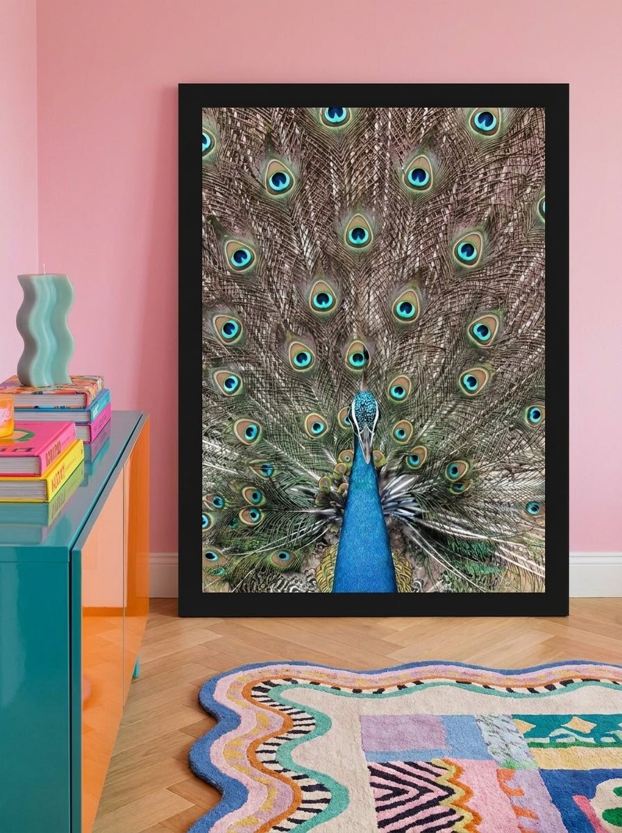 Modern wall art print standing on a sideboard in a colourful eclectic home office