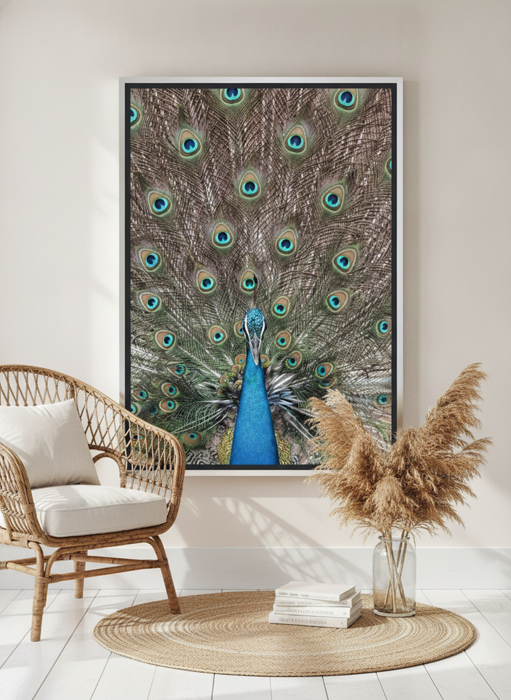 Canvas wall art with a silver leaf surround leaning against the wall in a coastal home office