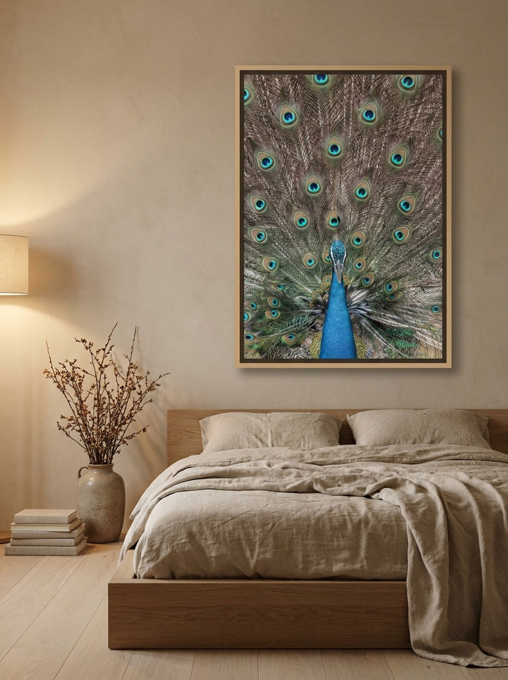 Canvas wall art with a natural timber surround styled on the wall in a warm Japandi bedroom