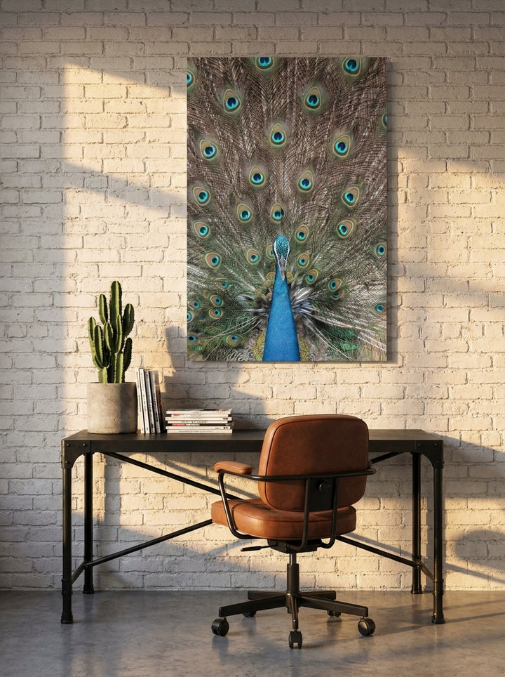 Stretched canvas wall art styled on the wall in an industrial loft home office