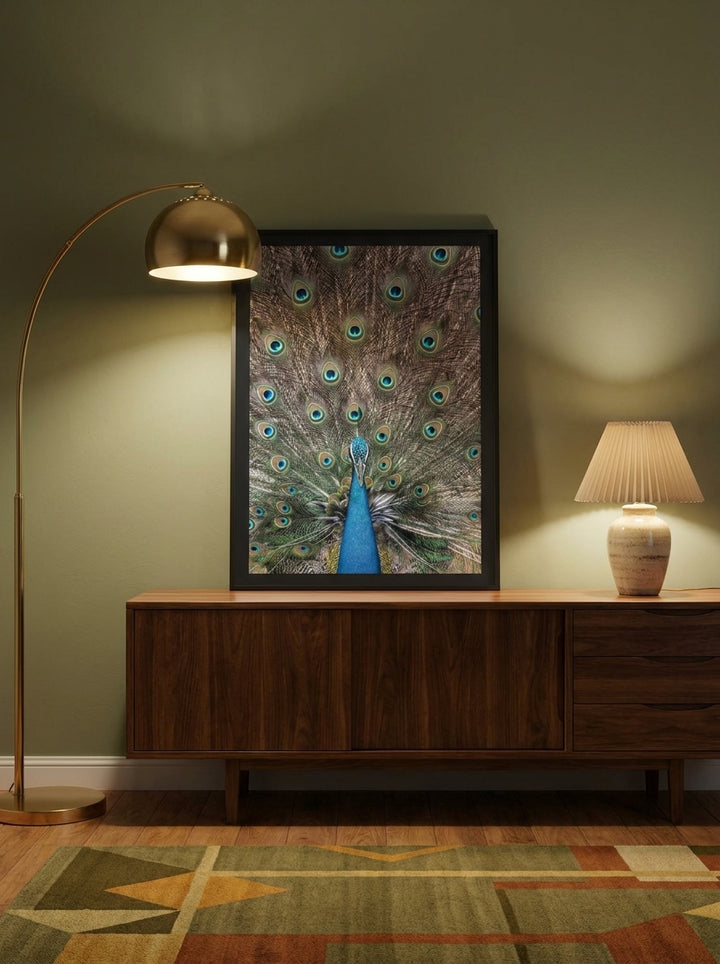 Modern wall art print standing on a sideboard in a mid-century dining room