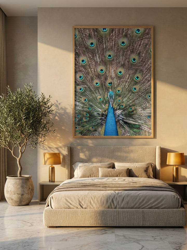 Oversized statement modern wall art print styled on the wall in a luxe bedroom