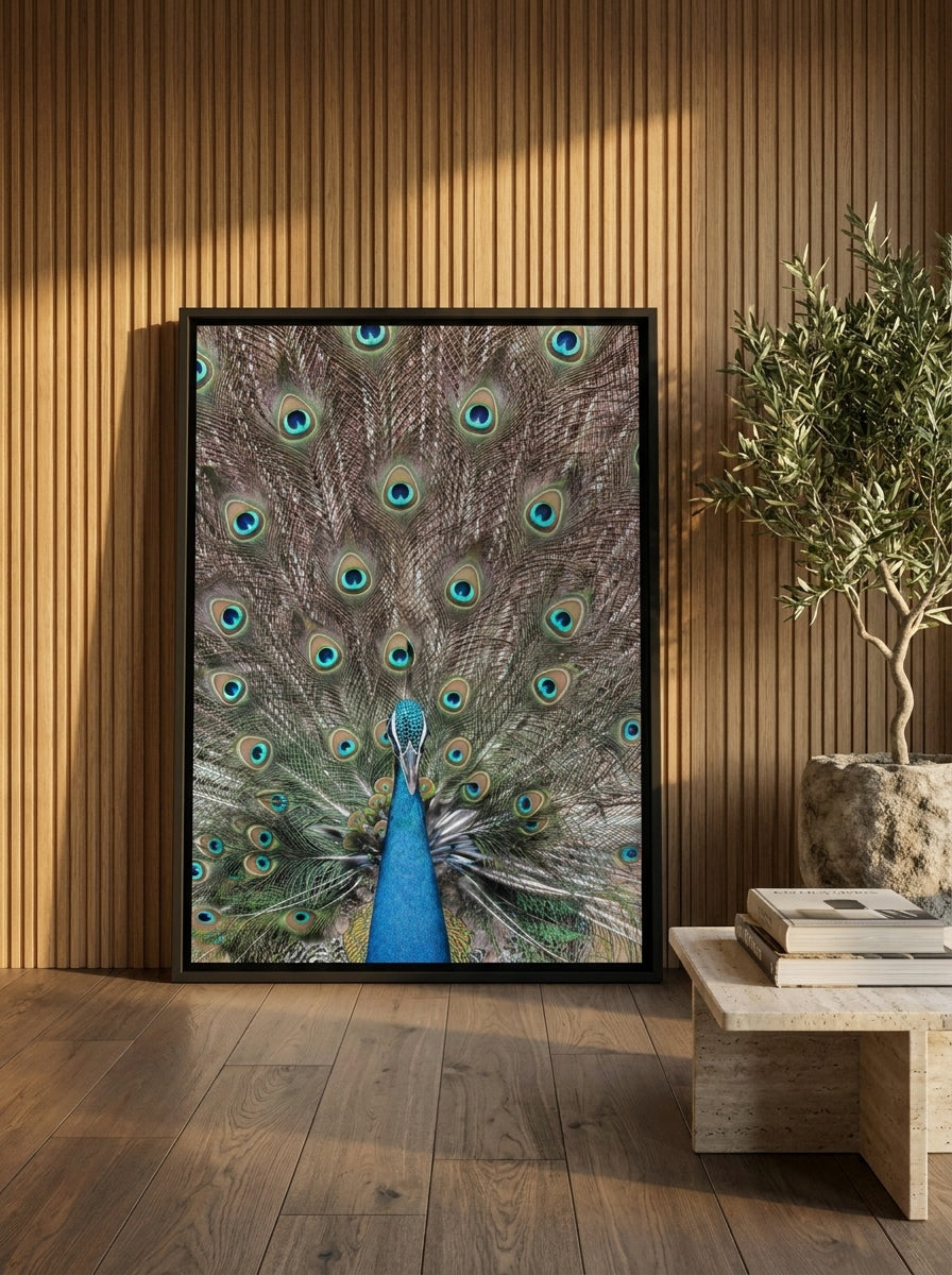 Oversized statement canvas wall art with a black surround leaning against the wall in a luxe bedroom