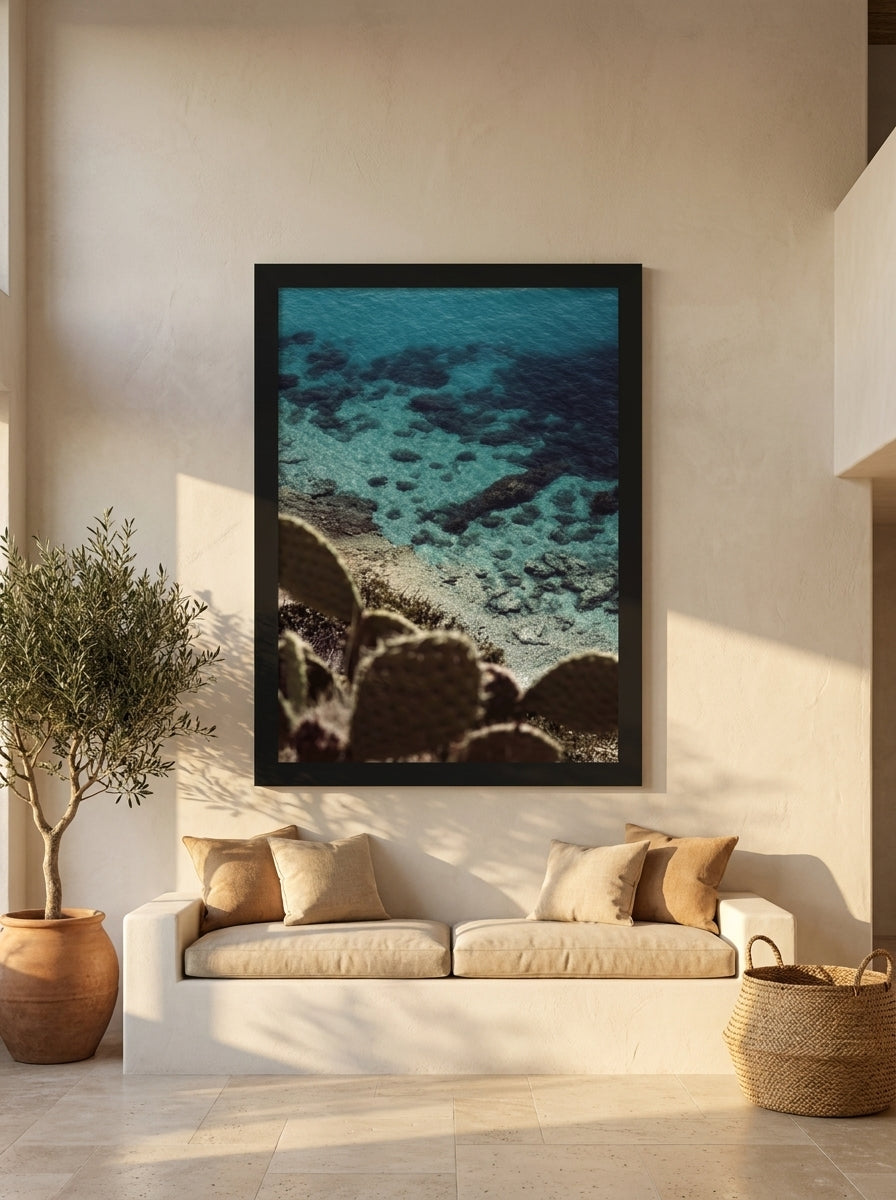 Oversized statement modern wall art print styled on the wall in a Mediterranean living room