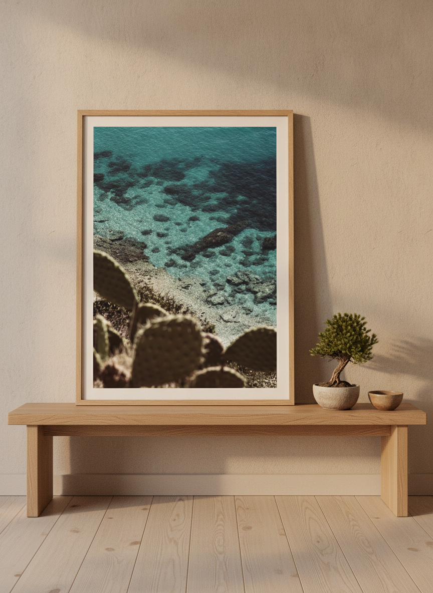 Modern wall art print standing on a bench in a warm Japandi bedroom