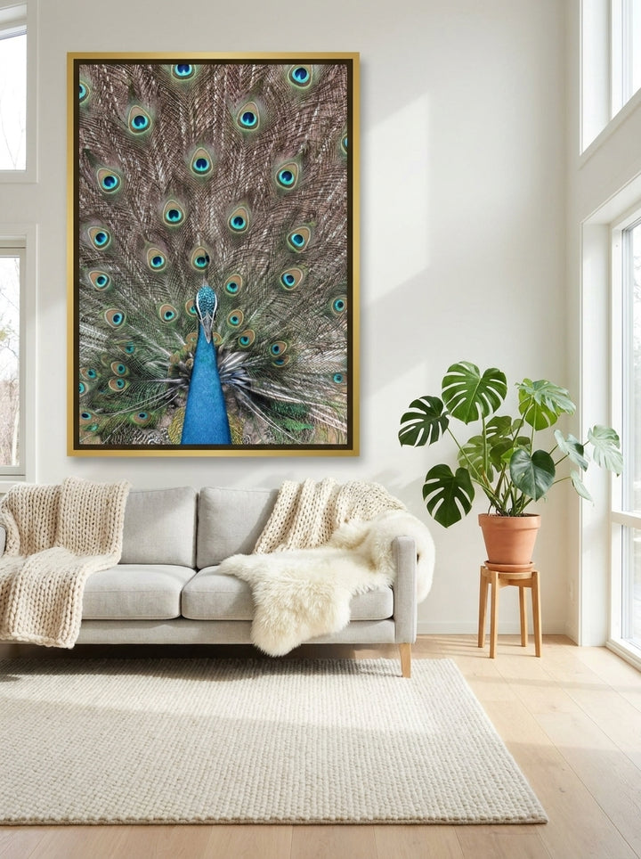 Oversized statement canvas wall art with a gold leaf surround styled on the wall in a bright Scandinavian living room