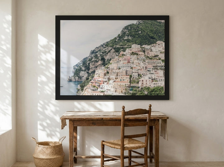 Oversized statement modern wall art print styled on the wall in a Mediterranean home office