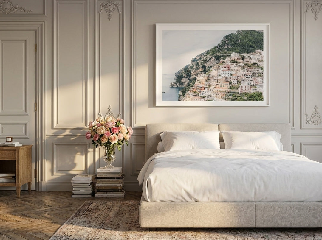 Modern wall art print styled on the wall in a Parisian bedroom
